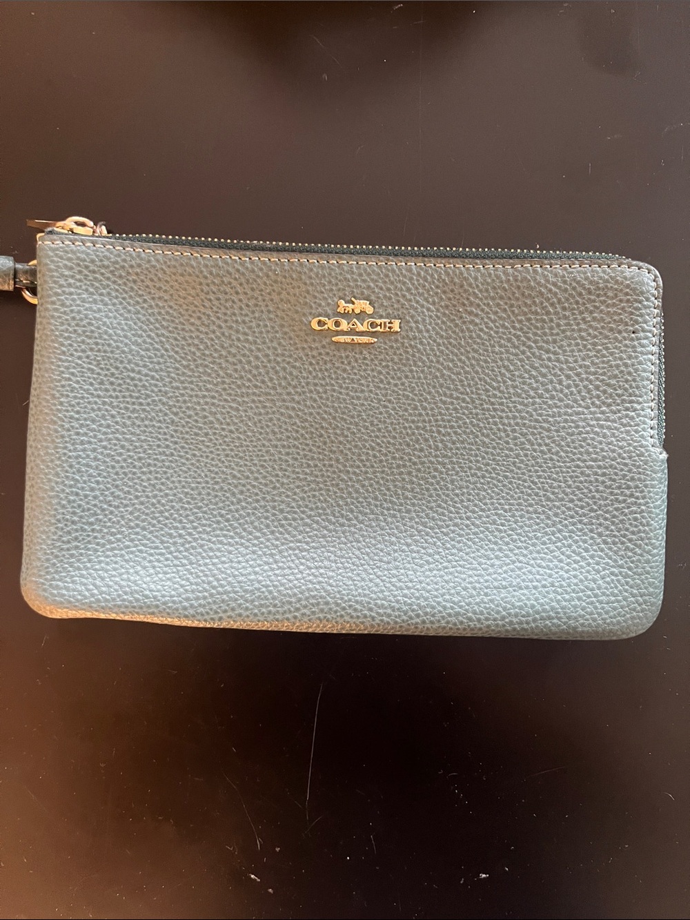 Coach Pebbled Leather Wristlet in forrest green with Gold Hardware
